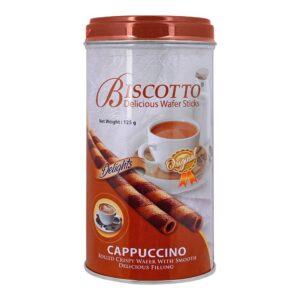 Biscotto Delicious Wafer Stick Tin, Cappuccino Rolled Wafer With Smooth Delicious Filling,
